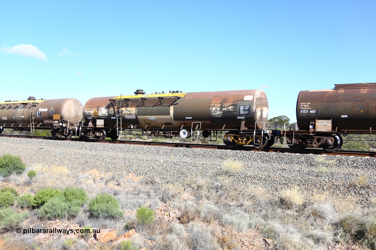 161111 2475
Binduli, Kalgoorlie Freighter train 5025, diesel fuel tank waggon ATEY 4725, BP Oil service, ex Ampol, other codes include ex NSW NTAF, WTEF and WTEY.
Keywords: ATEY-type;ATEY4725;NTAF-type;WTEF-type;WTEY-type;