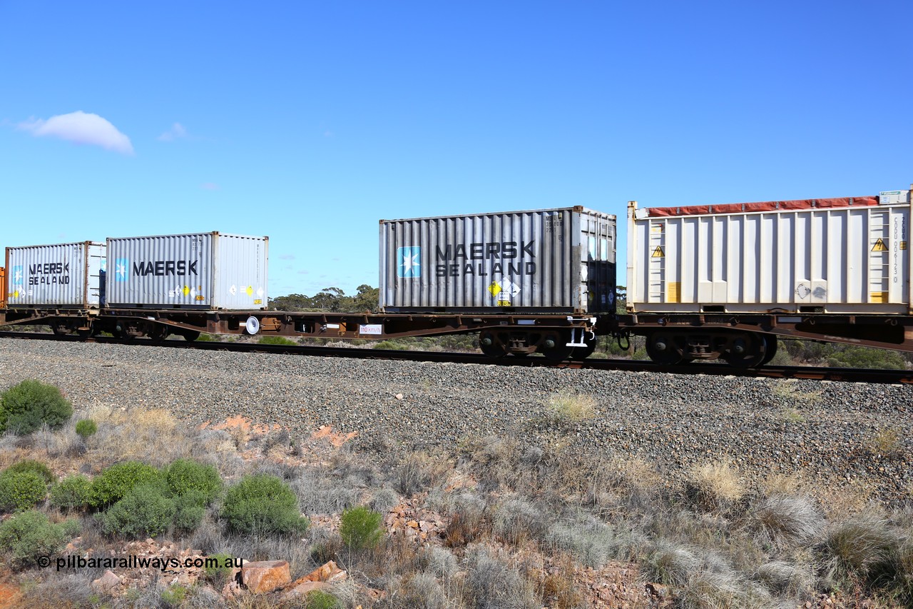 161111 2484
Binduli, Kalgoorlie Freighter train 5025, container flat waggon AQWY 31037, built by Centrecon Ltd WA in 1981 in a batch of thirty five WFA type container waggons, another eighteen were also built by Westrail, to WQCY in 1987, to RHQY in 1994, back to WQCY in 1995, loaded here with two 20' 22G1 type Maersk boxes for lead nitrate, MSKU 351808 and 825739.
Keywords: AQWY-type;AQWY31037;Centrecon-Ltd-WA;WFA-type;WQCY-type;