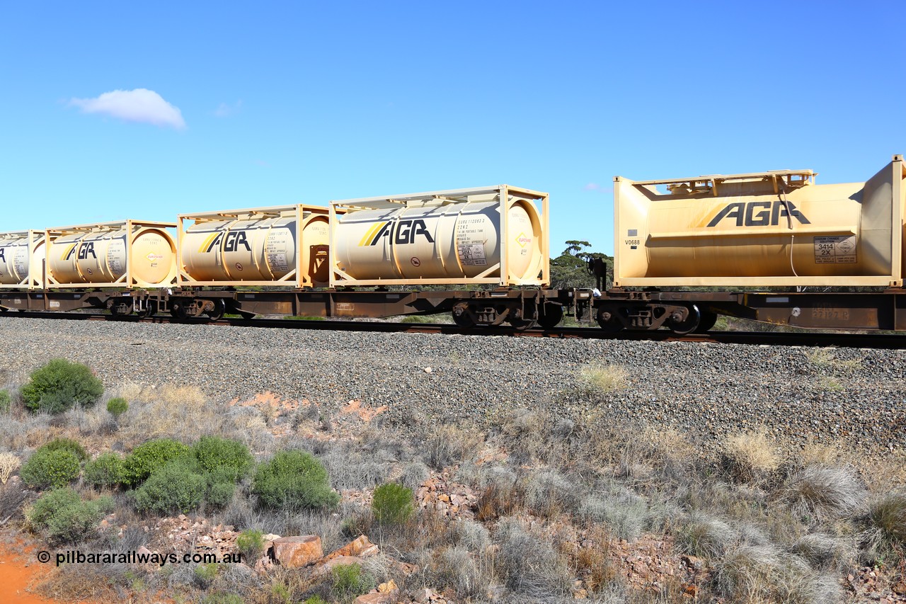 161111 2506
Binduli, Kalgoorlie Freighter train 5025, waggon AQNY 32170 one of sixty two waggons built by Goninan WA in 1998 as WQN type for Murrin Murrin container traffic, carrying two AGR 20' 22K2 type Eurotainer tanktainers EURU 112063 and EURU 112071 containing sodium cyanide solution.
Keywords: AQNY-type;AQNY32170;Goninan-WA;WQN-type;