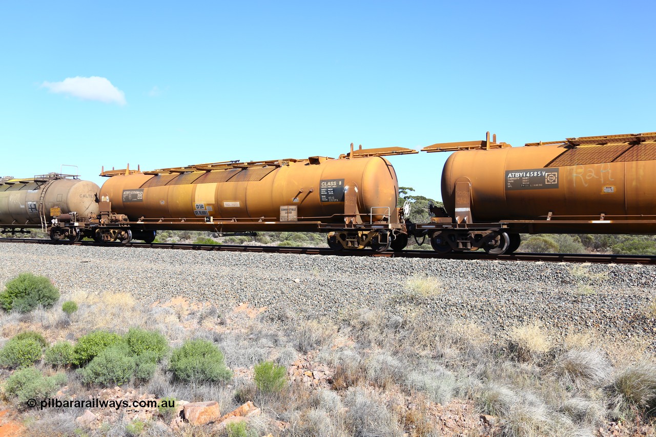 161111 2511
Binduli, Kalgoorlie Freighter train 5025, fuel tank waggon ATBY 14584 built by Westrail Midland Workshops in 1976 part of a batch of eight for petrol transport, recoded to JPAA in 1985, then WJPA when converted to SG.
Keywords: ATBY-type;ATBY14584;Westrail-Midland-WS;JPA-type;JPAA-type;WJPA-type;