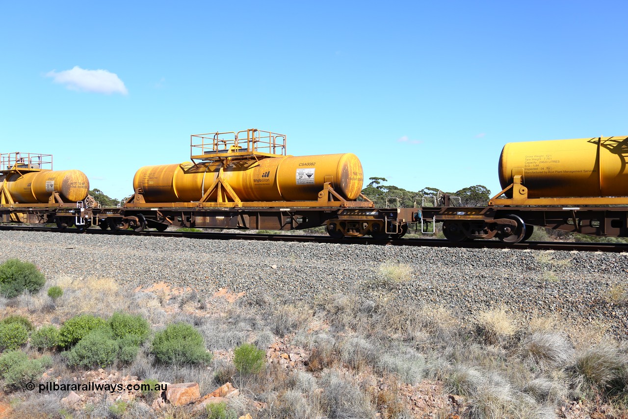 161111 2526
Binduli, Kalgoorlie Freighter train 5025, waggon AQHY 30078 with sulphuric acid tank CSA 0082, originally built by the WAGR Midland Workshops in 1964/66 as a WF type flat waggon, then in 1997, following several recodes and modifications, was one of seventy five waggons converted to the WQH type to carry CSA sulphuric acid tanks between Hampton/Kalgoorlie and Perth/Kwinana.
Keywords: AQHY-type;AQHY30078;WAGR-Midland-WS;WF-type;WFDY-type;WFDF-type;RFDF-type;WQH-type;