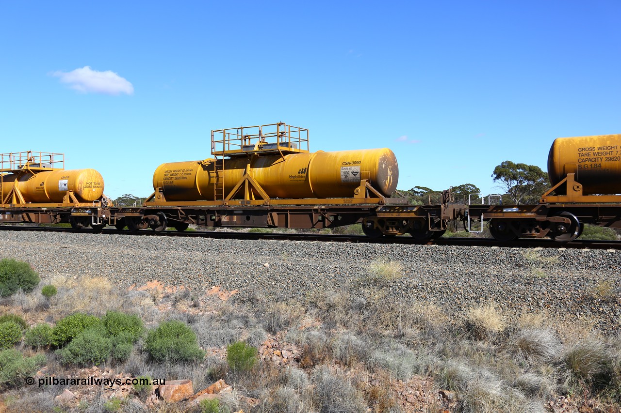 161111 2534
Binduli, Kalgoorlie Freighter train 5025, waggon AQHY 30055 with sulphuric acid tank CSA 0090, originally built by the WAGR Midland Workshops in 1964/66 as a WF type flat waggon, then in 1997, following several recodes and modifications, was one of seventy five waggons converted to the WQH type to carry CSA sulphuric acid tanks between Hampton/Kalgoorlie and Perth/Kwinana.
Keywords: AQHY-type;AQHY30055;WAGR-Midland-WS;WF-type;WFW-type;WFDY-type;WFDF-type;RFDF-type;WQH-type;