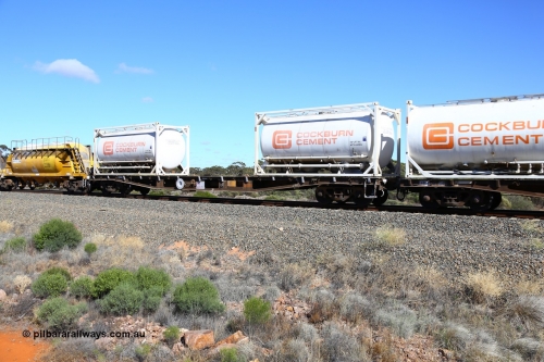 161111 2457
Binduli, Kalgoorlie Freighter train 5025, waggon AQWY 30450 loaded with two Cockburn Cement Convair type 20' tanktainers 1001 and 1004. Waggon was originally built by Tomlinson Steel WA WFX type container waggon in a batch of one hundred and sixty one in 1970, later recoded to WQCX.
Keywords: AQWY-type;AQWY30450;Tomlinson-Steel-WA;WFX-type;