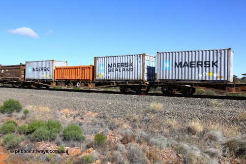 161111 2485
Binduli, Kalgoorlie Freighter train 5025, container flat waggon AQWY 31006, one of a batch of eighteen built by Westrail Midland Workshops in 1981 as WFA type, to WQCY type in 1987, to RHQY in 1994 then back to WQCY in 1995, seen here loaded with two 20' 22G1 type Maersk boxes for lead nitrate, MSKU 336235[4] and MSKU 438595[0] and a 20' half height box for Nickel West NIWU 100079[0] that normally contains quartz for the smelter.
Keywords: AQWY-type;AQWY31006;Westrail-Midland-WS;WFA-type;WQCY-type;