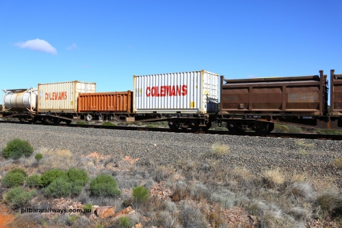 161111 2487
Binduli, Kalgoorlie Freighter train 5025, container flat waggon AQWY 30212 container waggon, originally one of forty five built by WAGR Midland Workshops in 1974 as WFX type, to WQCX in 1981, then AQCY, seen here loaded with two 20' 25B0 type Colemans ammonium nitrate boxes CCBU 020013[0] and CCBU 004400[0] and a 20' half height Nickel West box NIWU 100055[3] that normally contains quartz for the smelter.
Keywords: AQWY-type;AQWY30212;WAGR-Midland-WS;WFX-type;WQCX-type;AQCY-type;
