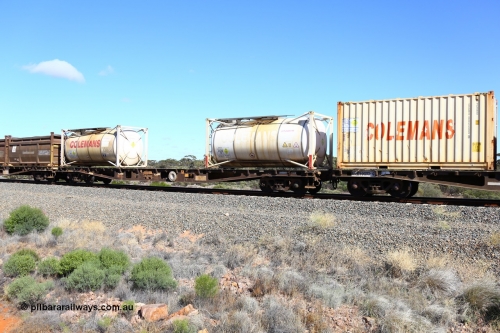 161111 2488
Binduli, Kalgoorlie Freighter train 5025, container flat waggon AQWY 30222, one of a batch of forty five built by WAGR Midland Workshops in 1974 as WFX type, to WQCX in 1980, then WQC then back to WQCX. Loaded with two 20' Colemans tanktainers for ammonium nitrate CCTU 500019[6] and CCTU 500001[0].
Keywords: AQWY-type;AQWY30222;WAGR-Midland-WS;WFX-type;