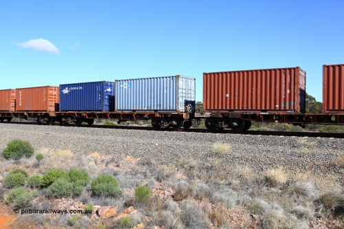 161111 2492
Binduli, Kalgoorlie Freighter train 5025, waggon AQRY 1000 platform A, with two 20' 22G1 type boxes, MOL MOAU 581721[8] and Cronos CXDU 158371[0]. The AQRY are a bar-coupled pair and were used for rail transport as the AFRF type on the Darwin line and are originally former ANR-CR waggons.
Keywords: AQRY-type;AQRY1000;AFRF-type;