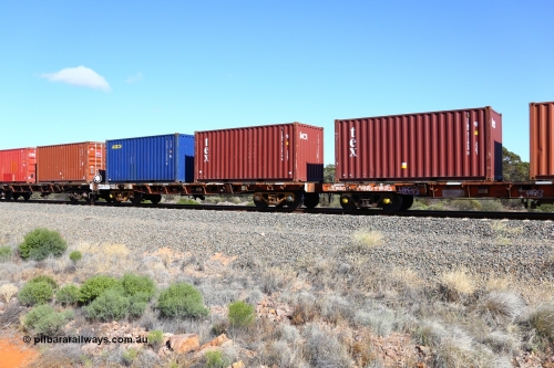 161111 2499
Binduli, Kalgoorlie Freighter train 5025, waggon AQRY 1023 platform A with two 20' 22G1 type boxes, a Tex TEMU 513010[5] and Seaco SEGU 116483[6] . The AQRY are a bar-coupled pair and were used for rail transport as the AFRF type on the Darwin line and are originally former ANR-CR waggons.
Keywords: AQRY-type;AQRY1023;AFRF-type;