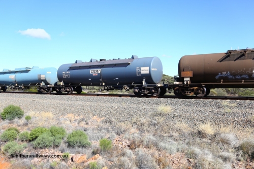 161111 2514
Binduli, Kalgoorlie Freighter train 5025, NTAY type fuel tank waggon NTAY 3367 with 64,600 litre capacity for Caltex. Refurbished by Gemco WA in Feb 2014 from a Caltex NTAF type tank waggon NTAF 367 originally built by Transrail in 1977.
Keywords: NTAY-type;NTAY3367;Transrail-NSW;CAL-type;CAL367;NTAF-type;