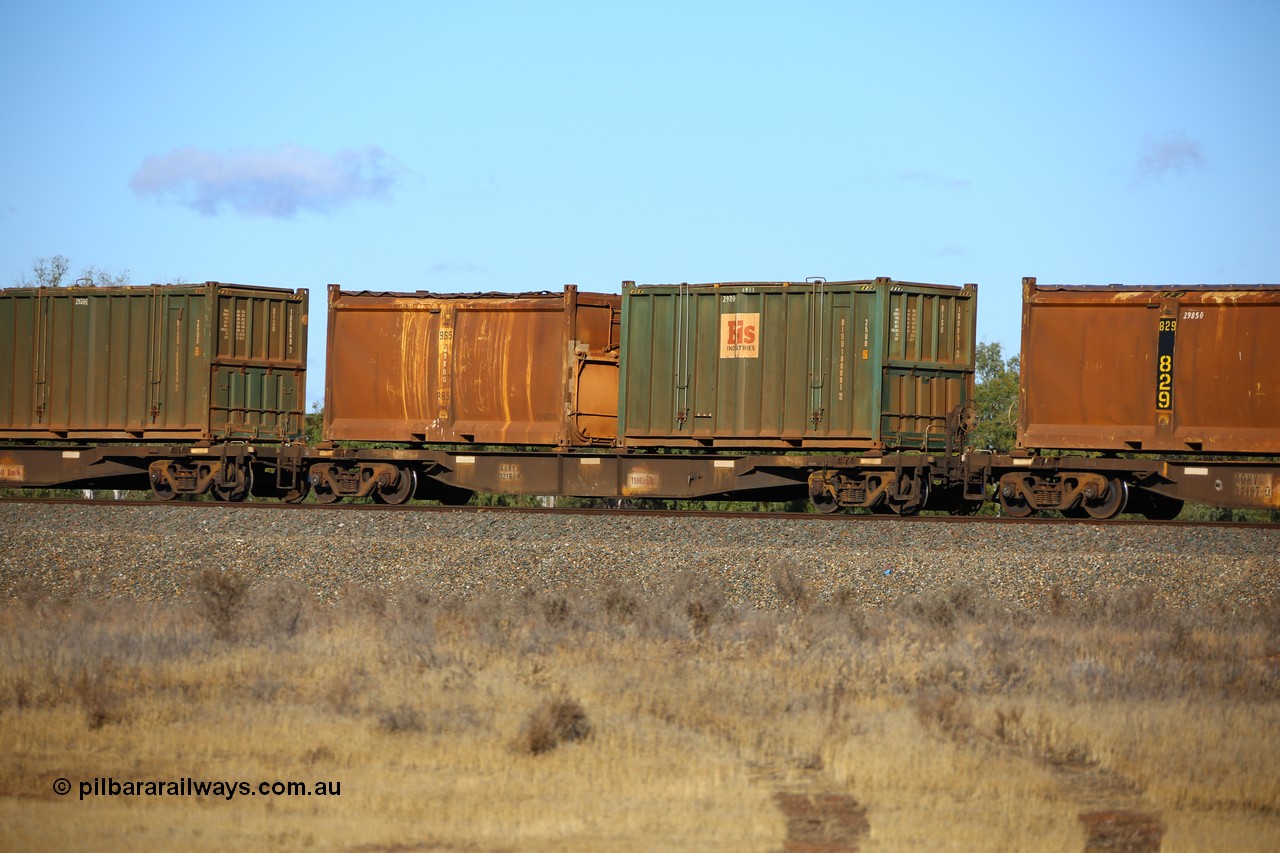 161111 2404
Kalgoorlie, Malcolm freighter train 5029, waggon AQNY 32163 one of sixty two waggons built by Goninan WA in 1998 as WQN type for Murrin Murrin container traffic with Bis Industries hard-top 25U0 type sulphur container BISU 100091 and original style sulphur container S90W 965 with original style door and sliding tarpaulin.
Keywords: AQNY-type;AQNY32163;Goninan-WA;WQN-type;