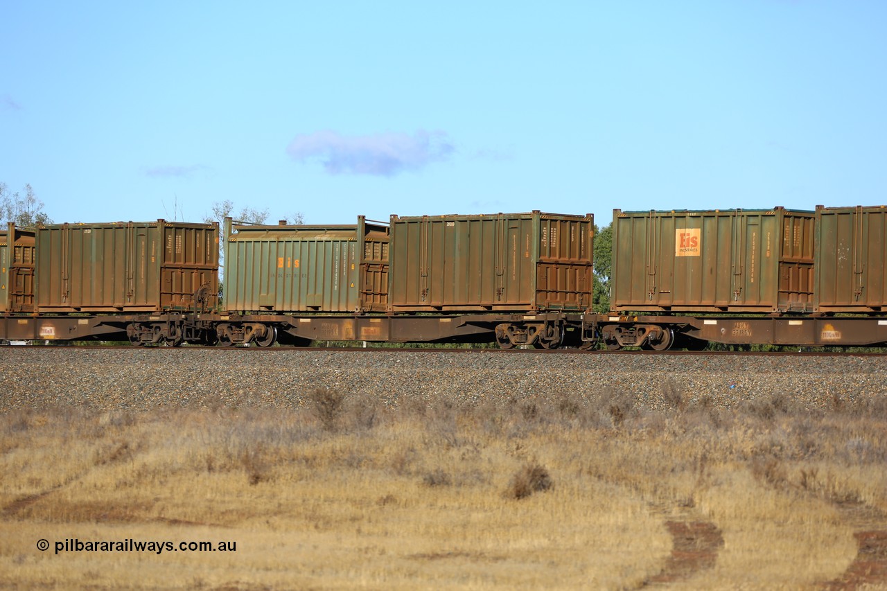 161111 2418
Kalgoorlie, Malcolm freighter train 5029, waggon AQNY 32193 one of sixty two waggons built by Goninan WA in 1998 as WQN type for Murrin Murrin container traffic with an undecorated Bis Industries hard-top 25U0 type sulphur container BISU 100013 and a Bis Industries roll-top 55UA type sulphur container SBIU 200634.
Keywords: AQNY-type;AQNY32193;Goninan-WA;WQN-type;