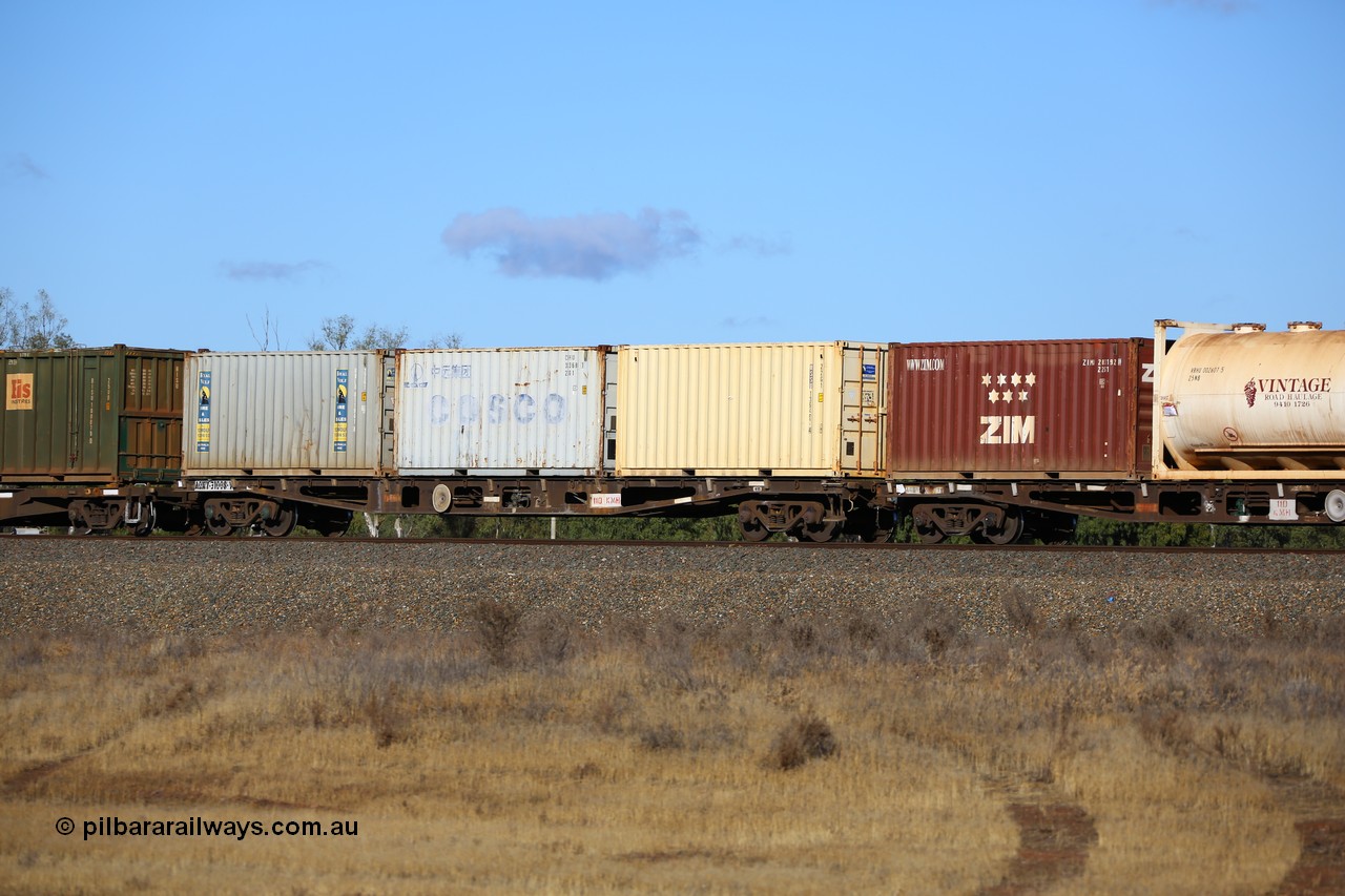 161111 2421
Kalgoorlie, Malcolm freighter train 5029, waggon AQWY 31008 originally built by Westrail Midland Workshops in 1981 part of a batch of eighteen as WFA type container waggons, in 1988 recoded to WQCY, in 1994 to RHQY, then back to WQCY in 1995, carrying three 20' 22G1 type containers, RSSU 139497, CBHU 333688 and RWLU 811941.
Keywords: AQWY-type;AQWY31008;Westrail-Midland-WS;WFA-type;WQCY-type;RHQY-type;