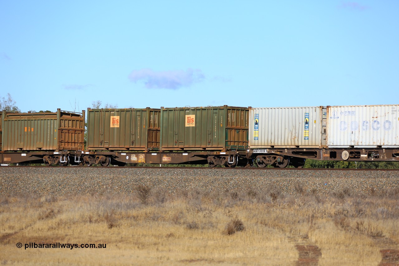 161111 2422
Kalgoorlie, Malcolm freighter train 5029, waggon AQNY 32171 one of sixty two waggons built by Goninan WA in 1998 as WQN type for Murrin Murrin container traffic with a pair of Bis Industries hard-top 25U0 type sulphur containers BISU 100079 and BISU 100083.
Keywords: AQNY-type;AQNY32171;Goninan-WA;WQN-type;