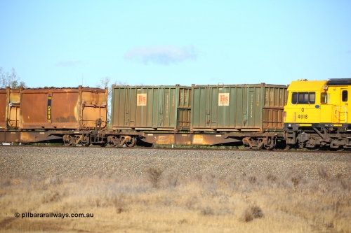 161111 2397
Kalgoorlie, Malcolm freighter train 5029, waggon AQNY 32159 one of sixty two waggons built by Goninan WA in 1998 as WQN type for Murrin Murrin container traffic with two Bis Industries 25U0 type sulphur containers BISU 100100 and BISU 100107.
Keywords: AQNY-type;AQNY32159;Goninan-WA;WQN-type;