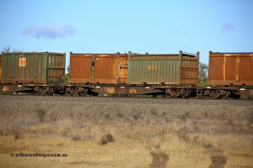 161111 2403
Kalgoorlie, Malcolm freighter train 5029, waggon AQNY 32187 one of sixty two waggons built by Goninan WA in 1998 as WQN type for Murrin Murrin container traffic, with a Bis Industries roll top 55UA type sulphur container SBIU 200636 and original style sulphur container S61H 829 with original style door and sliding tarpaulin.
Keywords: AQNY-type;AQNY32187;Goninan-WA;WQN-type;