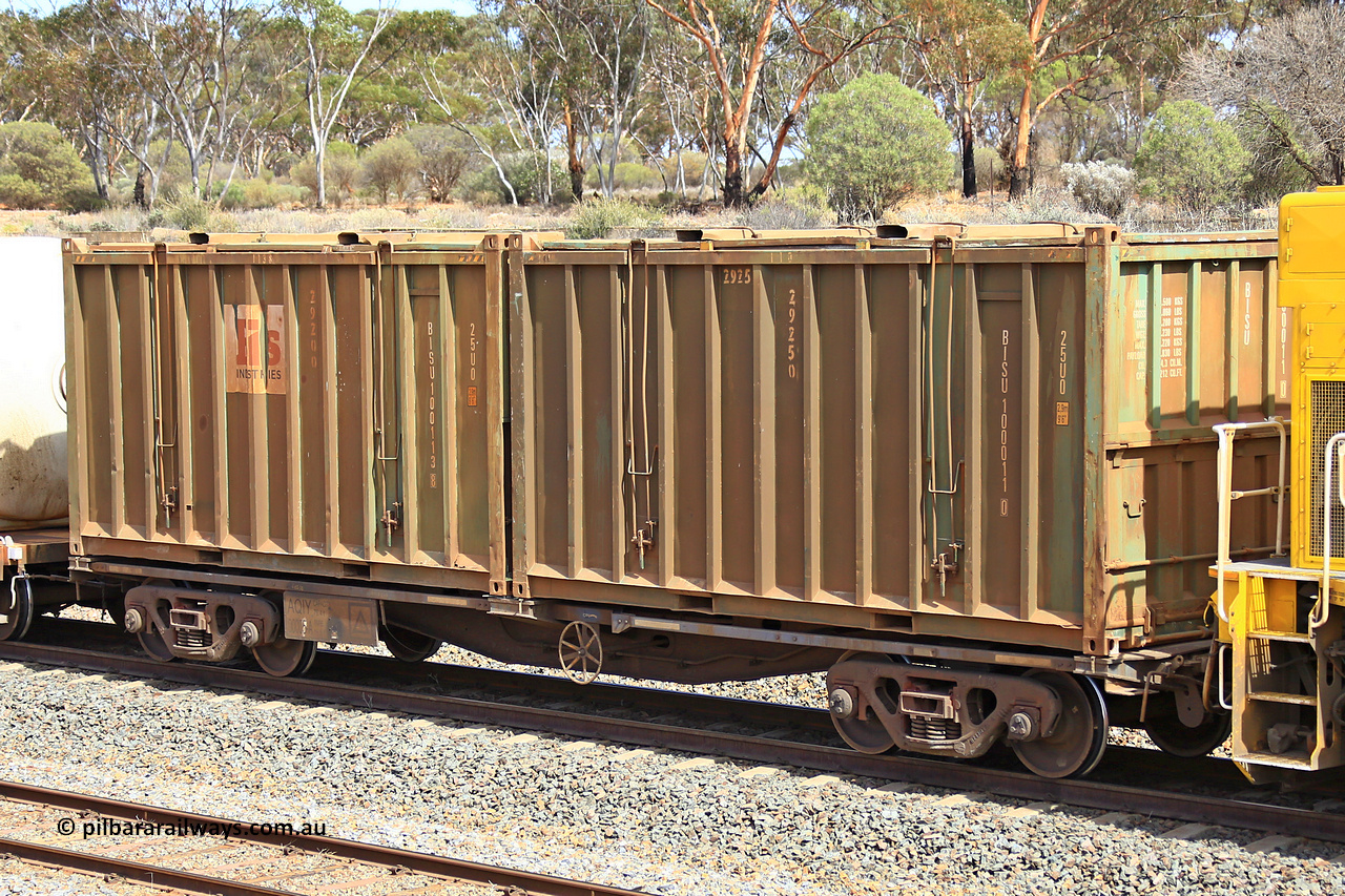 231020 8262
Binduli, 5029 Malcolm Freighter, AQIY type 40' container waggon AQIY 00005 with two Bis Industries hard-top 25U0 type sulphur containers BISU 100011 and BISU 100113. The AQIY started life built by Bradken and coded CQYY but CFCLA never bought them, so Bradken coded them KQYY and stored them. When Aurizon bought them they had the handbrake relocated to the middle of the waggon from the end.
Keywords: AQIY-type;AQIY00005;Bradken;CQYY-type;KQYY-type;