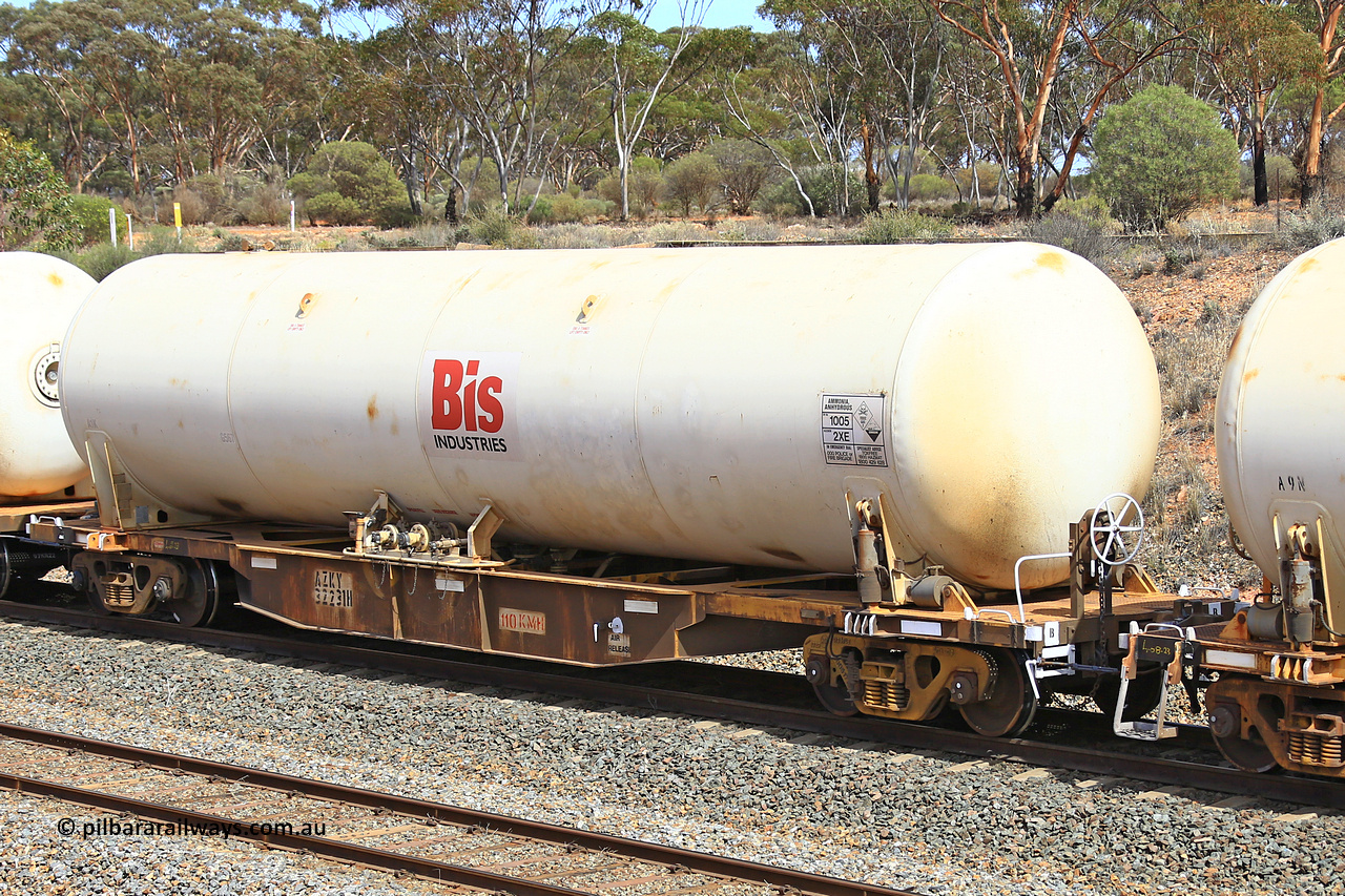 231020 8264
Binduli, 5029 Malcolm Freighter, AZKY type anhydrous ammonia tank waggon AZKY 32231, type leader of twelve units built by Goninan WA in 1998 as type WQK for Murrin Murrin traffic fitted with Bis INDUSTRIES anhydrous ammonia tank A1K.
Keywords: AZKY-type;AZKY32231;Goninan-WA;WQK-type;