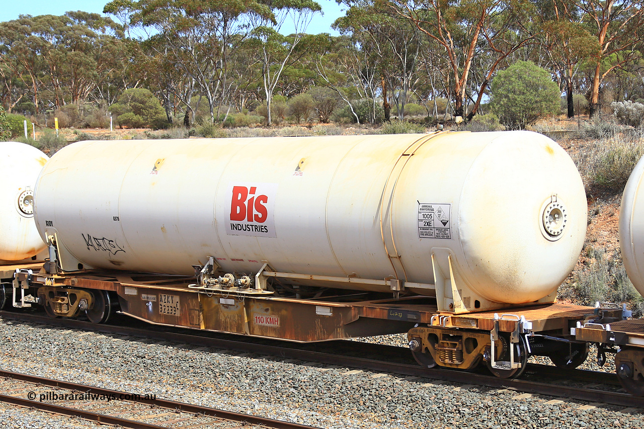 231020 8265
Binduli, 5029 Malcolm Freighter, AZKY type anhydrous ammonia tank waggon AZKY 32233, one of twelve built by Goninan WA in 1998 as class WQK for Murrin Murrin traffic, fitted with Bis INDUSTRIES anhydrous ammonia tank A10Y.
Keywords: AZKY-type;AZKY32233;Goninan-WA;WQK-type;