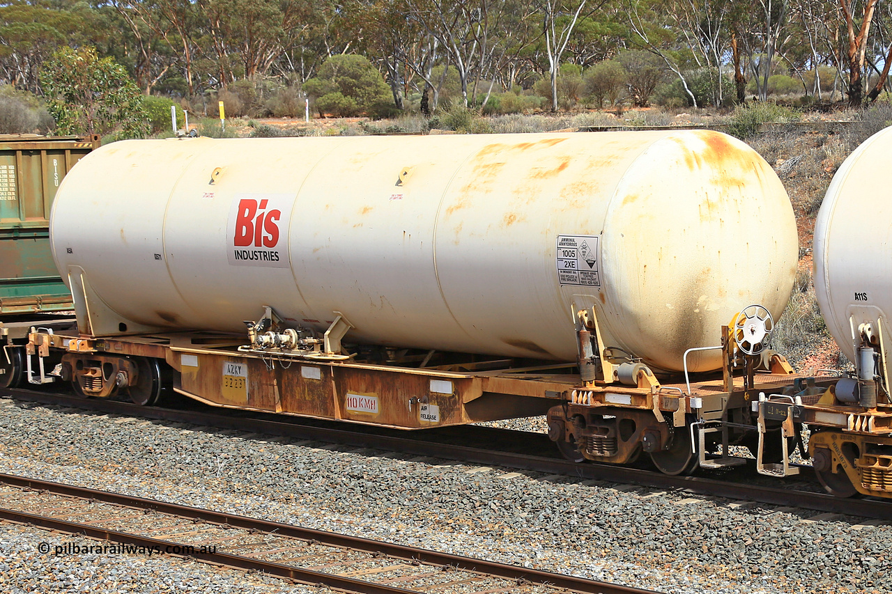 231020 8267
Binduli, 5029 Malcolm Freighter, AZKY type anhydrous ammonia tank waggon AZKY 32237, one of twelve built by Goninan WA in 1998 as class WQK for Murrin Murrin traffic, fitted with Bis INDUSTRIES anhydrous ammonia tank A5A.
Keywords: AZKY-type;AZKY32237;Goninan-WA;WQK-type;