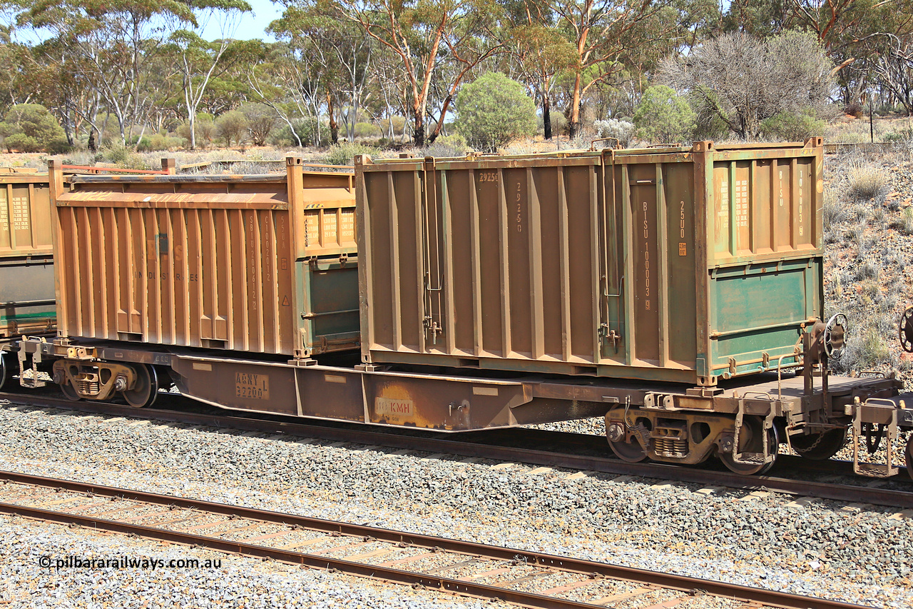 231020 8270
Binduli, 5029 Malcolm Freighter, AQNY type container waggon AQNY 32200 one of sixty two waggons built by Goninan WA in 1998 as WQN type for Murrin Murrin container traffic with an undecorated Bis Industries hard-top 25U0 type sulphur containers BISU 100003 and a Bis Industries 55UA roll-top sulphur container SIBU 200612.
Keywords: AQNY-type;AQNY32200;Goninan-WA;WQN-type;