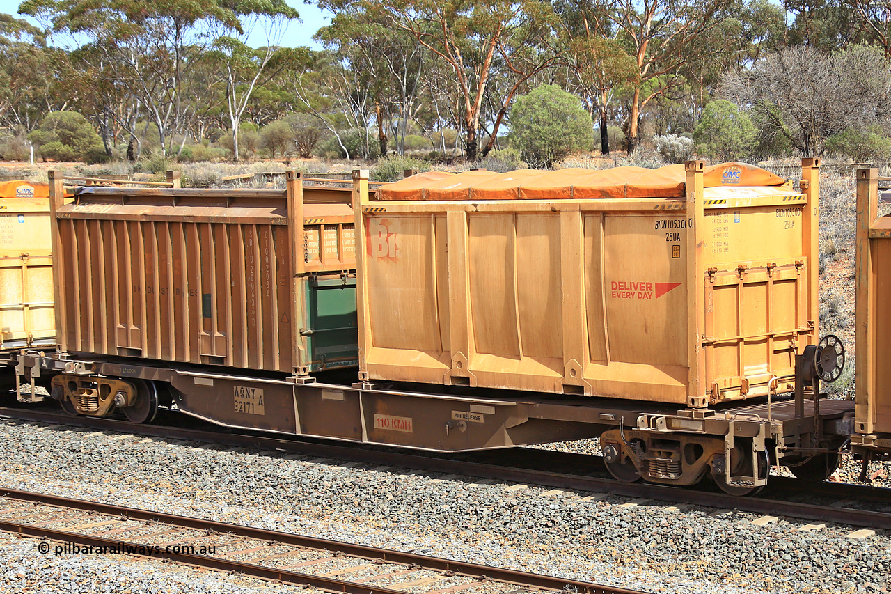 231020 8273
Binduli, 5029 Malcolm Freighter, AQNY type container waggon AQNY 32171 one of sixty two waggons built by Goninan WA in 1998 as WQN type for Murrin Murrin container traffic with a Bis Deliver Every Day 25UA type roll-top sulphur container BICN 105300 and a Bis Industries 55UA roll-top sulphur container SIBU 200636.
Keywords: AQNY-type;AQNY32171;Goninan-WA;WQN-type;