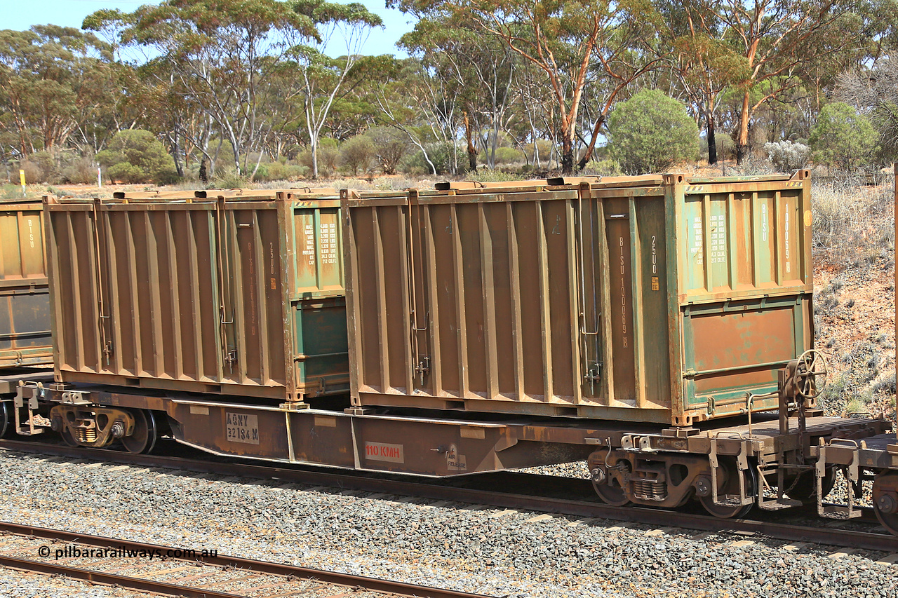 231020 8280
Binduli, 5029 Malcolm Freighter, AQNY type container waggon AQNY 32184 one of sixty two waggons built by Goninan WA in 1998 as WQN type for Murrin Murrin container traffic with two undecorated Bis Industries hard-top 25U0 type sulphur containers BISU 100062 and BISU 100069.
Keywords: AQNY-type;AQNY32184;Goninan-WA;WQN-type;