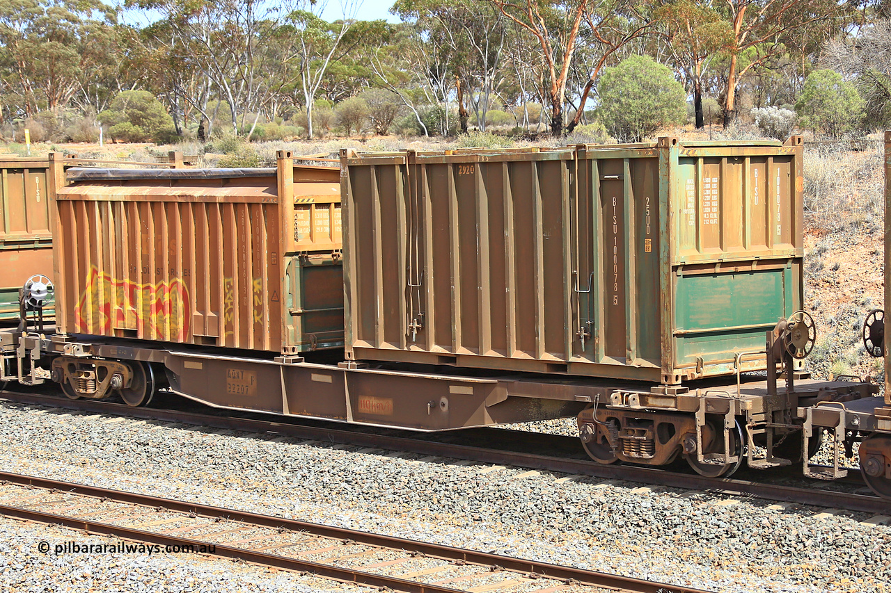 231020 8282
Binduli, 5029 Malcolm Freighter, AQNY type container waggon AQNY 32207 one of sixty two waggons built by Goninan WA in 1998 as WQN type for Murrin Murrin container traffic with an undecorated Bis Industries hard-top 25U0 type sulphur container BISU 100078 and a Bis Industries 55UA type roll-top sulphur container SBIU 200613.
Keywords: AQNY-type;AQNY32207;Goninan-WA;WQN-type;