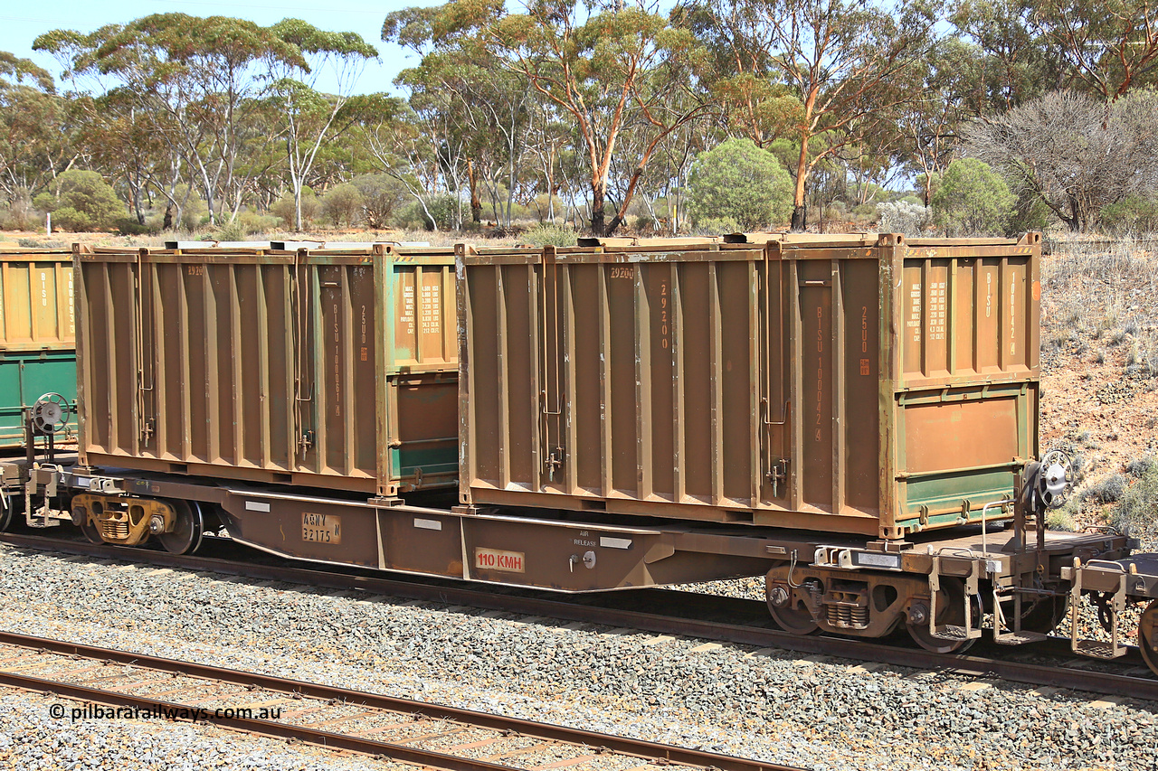 231020 8283
Binduli, 5029 Malcolm Freighter, AQNY type container waggon AQNY 32175 one of sixty two waggons built by Goninan WA in 1998 as WQN type for Murrin Murrin container traffic with two undecorated Bis Industries hard-top 25U0 type sulphur containers BISU 100042 and undecorated BISU 100061.
Keywords: AQNY-type;AQNY32175;Goninan-WA;WQN-type;