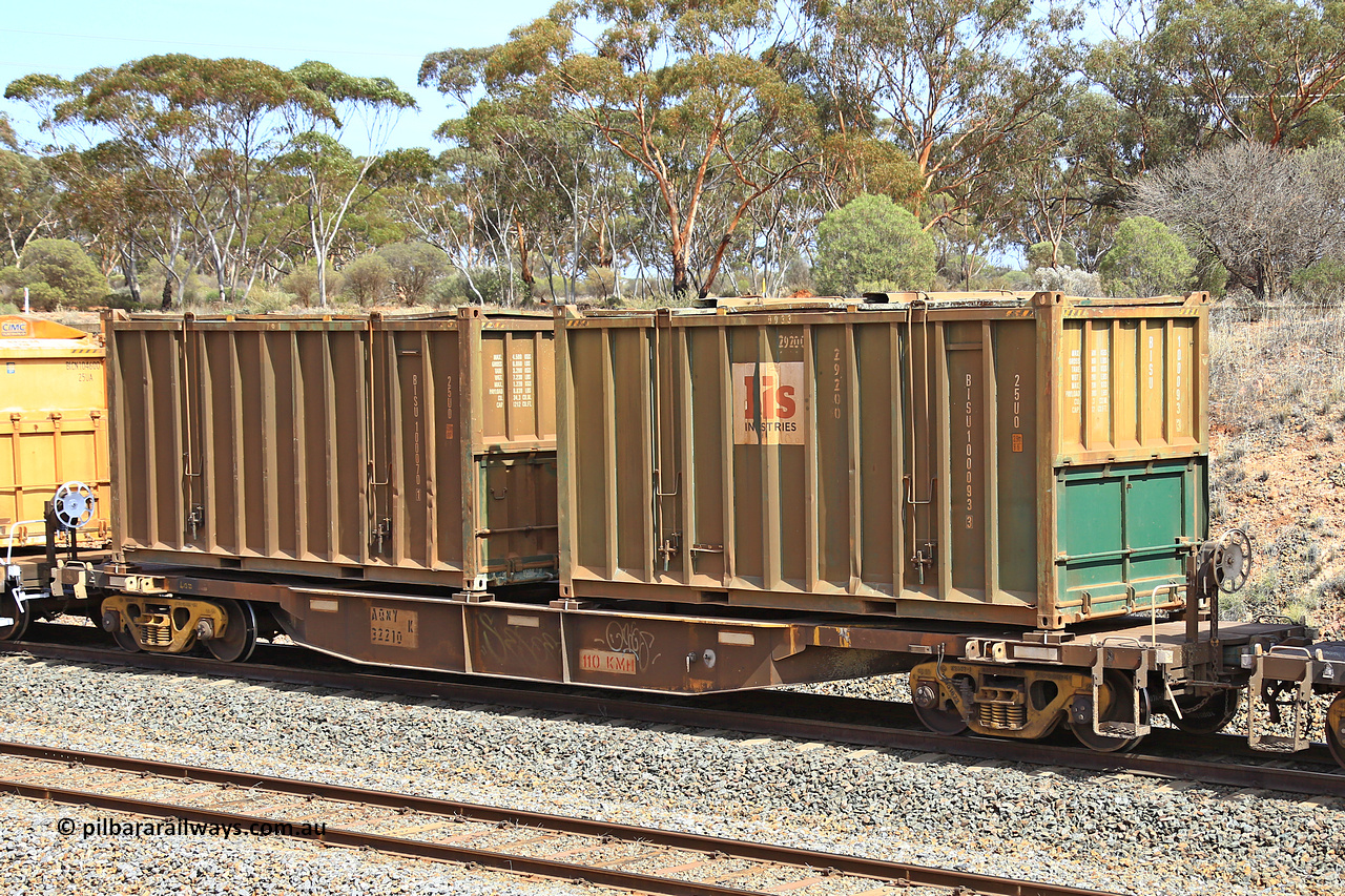 231020 8284
Binduli, 5029 Malcolm Freighter, AQNY type container waggon AQNY 32210 one of sixty two waggons built by Goninan WA in 1998 as WQN type for Murrin Murrin container traffic with two Bis Industries hard-top 25U0 type sulphur containers BISU 100093 and undecorated BISU 100070.
Keywords: AQNY-type;AQNY32210;Goninan-WA;WQN-type;