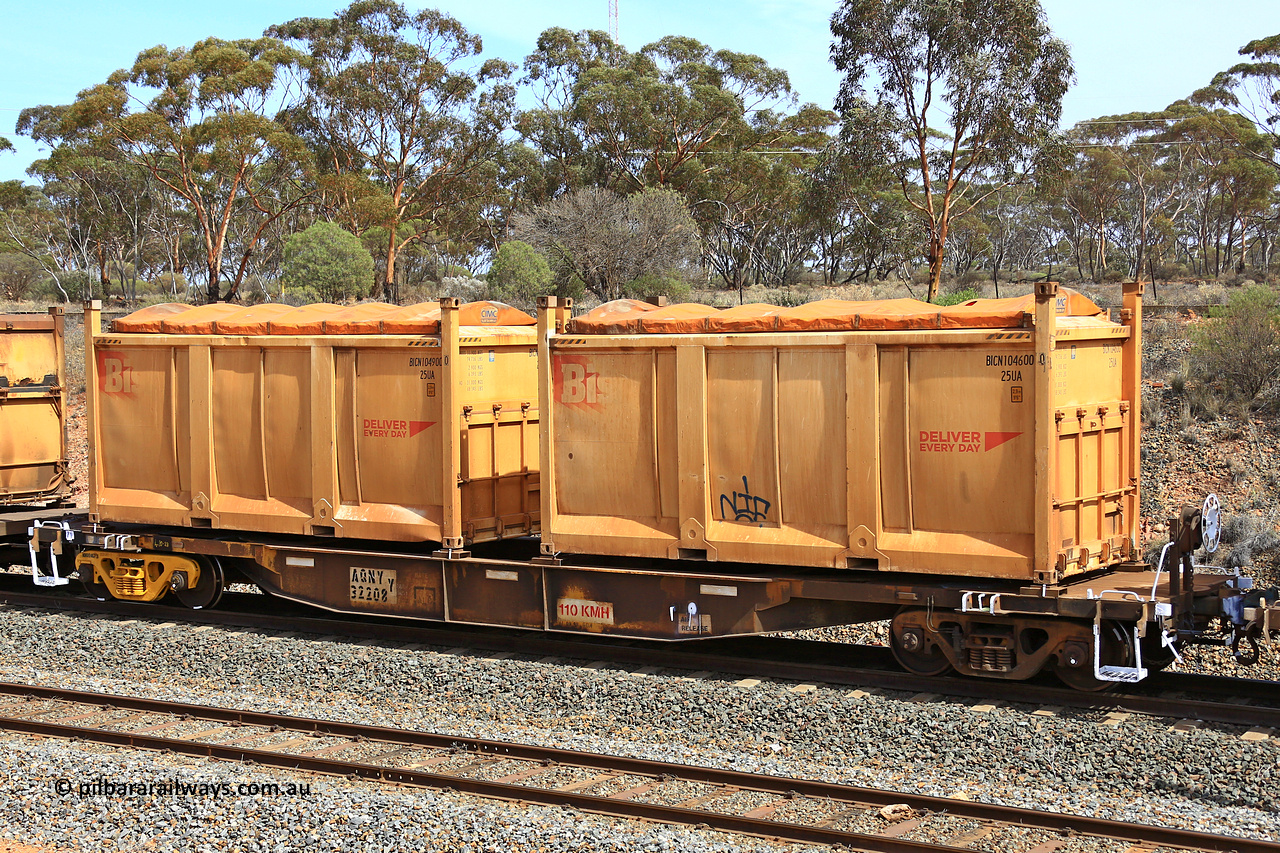 231020 8285
Binduli, 5029 Malcolm Freighter, AQNY type container waggon AQNY 32208 one of sixty two waggons built by Goninan WA in 1998 as WQN type for Murrin Murrin container traffic with two Bis Deliver Every Day roll-top 25UA type sulphur containers BICN 104600 and BICN 104900.
Keywords: AQNY-type;AQNY32208;Goninan-WA;WQN-type;