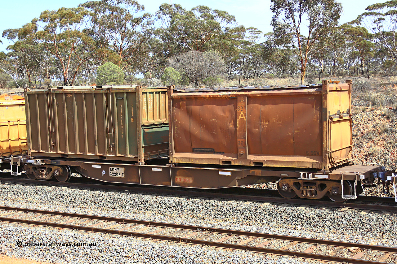 231020 8286
Binduli, 5029 Malcolm Freighter, AQNY type container waggon AQNY 32206 one of sixty two waggons built by Goninan WA in 1998 as WQN type for Murrin Murrin container traffic with an original style sulphur container S56V G821 with the siding tarpaulin, and a Bis INDUSTRIES hard-top 25U0 type sulphur container BISU 100010.
Keywords: AQNY-type;AQNY32206;Goninan-WA;WQN-type;