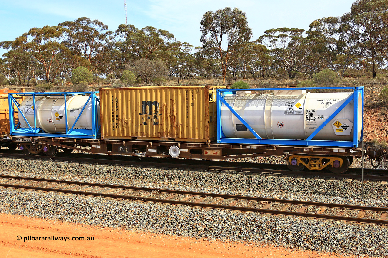 231020 8290
Binduli, 5029 Malcolm Freighter, AQWY type container waggon AQWY 31004, one of eighteen WFA type container waggons built by Westrail Midland Workshops in 1981, carrying a 20' ISO DE 2075 tank container DWAU 000190, a 20' 22G1 for Mediterranean Shipping Co WSCU 330481 and a 20' ISO BE 2075 tank container DWAU 000042. Both the tanks are carrying hydrogen peroxide.
Keywords: AQWY-type;AQWY31004;Westrail-Midland-WS;WFA-type;