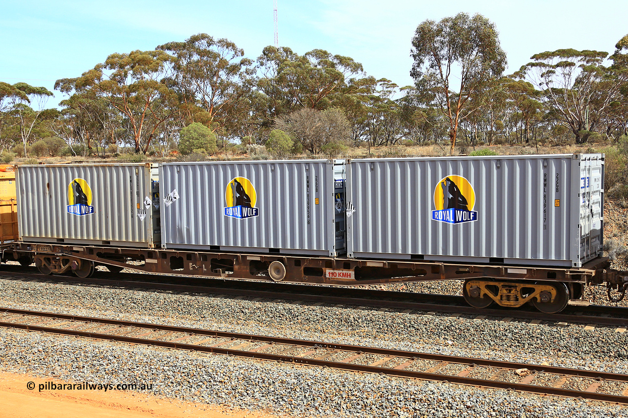 231020 8294
Binduli, 5029 Malcolm Freighter, AQWY type container waggon AQWY 30227, originally built by WAGR Midland Workshops as a WFX type in batch of forty five in 1973-74, recoded to WQCX in 1981. With three 20' containers, two Royal Wolf 22GB types RWWL 839617 and 839956 and a Royal Wolf 22G1 type RWLU 828372 with placards for 3077 / 9 dangerous goods.
Keywords: AQWY-type;AQWY30227;WAGR-Midland-WS;WFX-type;WQCX-type;