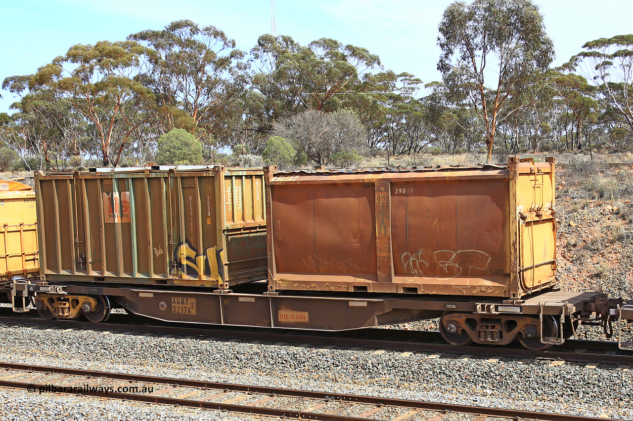 231020 8298
Binduli, 5029 Malcolm Freighter, AQNY type container waggon AQNY 32174 one of sixty two waggons built by Goninan WA in 1998 as WQN type for Murrin Murrin container traffic with an original style sulphur container S54D G822 with the siding tarpaulin and walking man logo, and a Bis INDUSTRIES hard-top 25U0 type sulphur container BISU 100107.
Keywords: AQNY-type;AQNY32174;Goninan-WA;WQN-type;