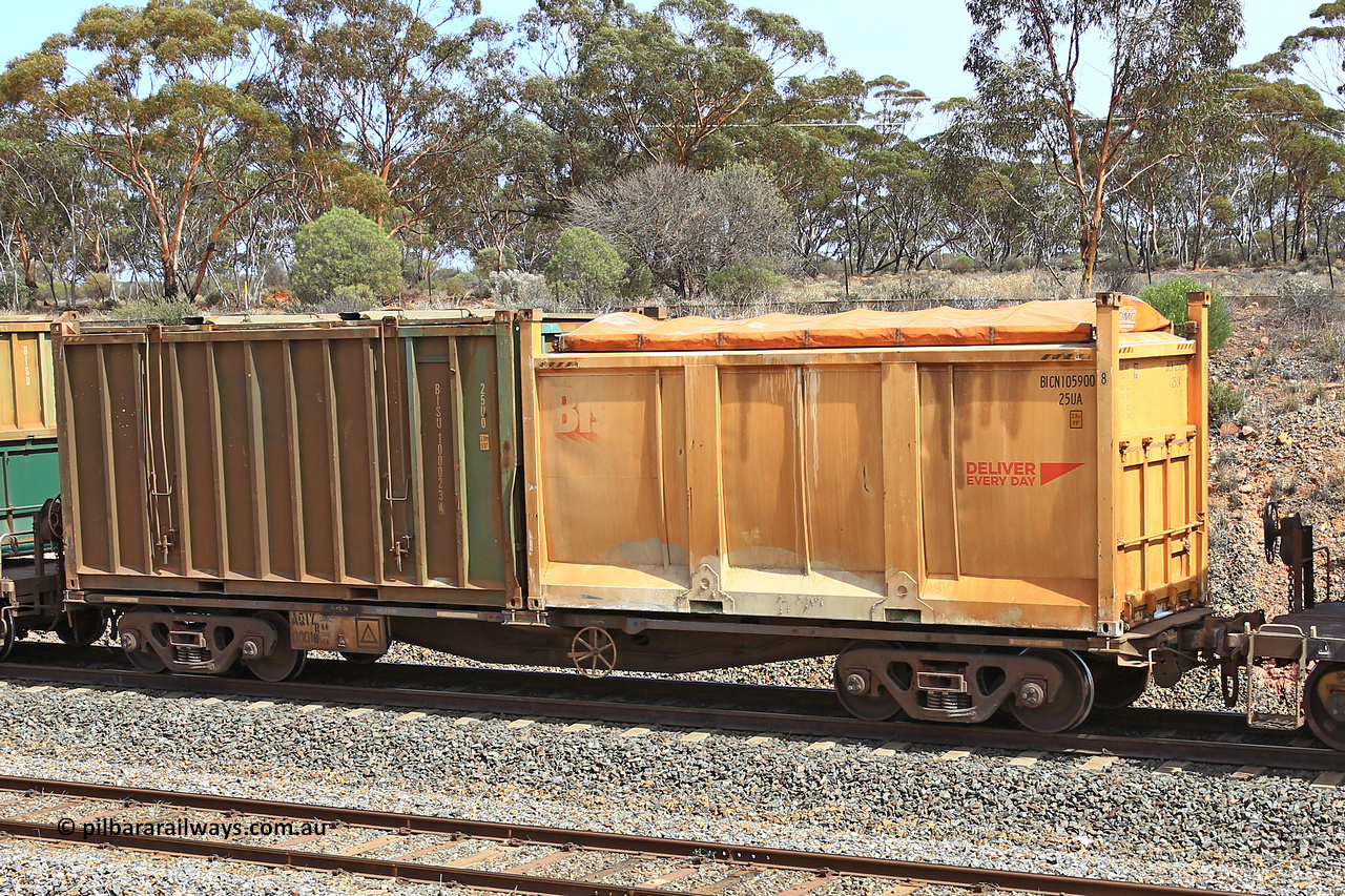 231020 8299
Binduli, 5029 Malcolm Freighter, AQIY type 40' container waggon AQIY 00016 with a Bis Deliver Every Day roll-top 25UA type sulphur container BICN 105900 and an undecorated Bis Industries hard-top 25U0 type sulphur container BISU 100023. The AQIY started life built by Bradken and coded CQYY but CFCLA never bought them, so Bradken coded them KQYY and stored them. When Aurizon bought them they had the handbrake relocated to the middle of the waggon from the end.
Keywords: AQIY-type;AQIY00016;Bradken;CQYY-type;KQYY-type;