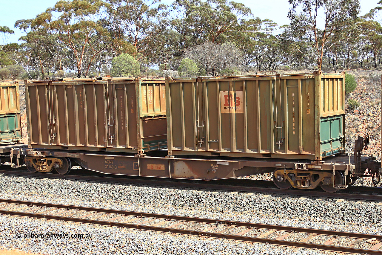 231020 8300
Binduli, 5029 Malcolm Freighter, AQNY type container waggon AQNY 32160 one of sixty two waggons built by Goninan WA in 1998 as WQN type for Murrin Murrin container traffic with two Bis INDUSTRIES, one undecorated, hard-top 25U0 type sulphur containers BISU 100096 and BISU 100038.
Keywords: AQNY-type;AQNY32160;Goninan-WA;WQN-type;