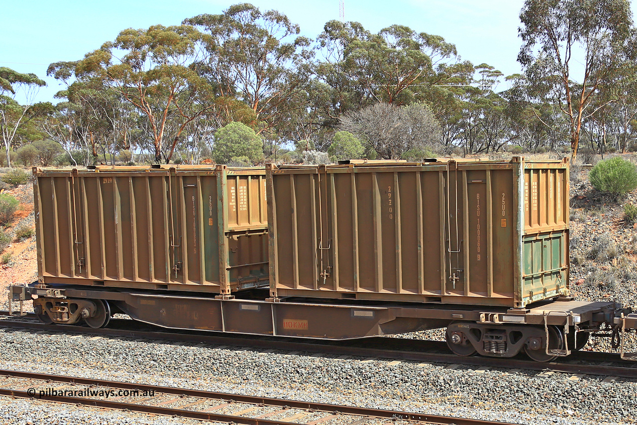 231020 8301
Binduli, 5029 Malcolm Freighter, AQNY type container waggon AQNY 32198 one of sixty two waggons built by Goninan WA in 1998 as WQN type for Murrin Murrin container traffic with two undecorated Bis INDUSTRIES hard-top 25U0 type sulphur containers BISU 100060 and BISU 100063.
Keywords: AQNY-type;AQNY32198;Goninan-WA;WQN-type;