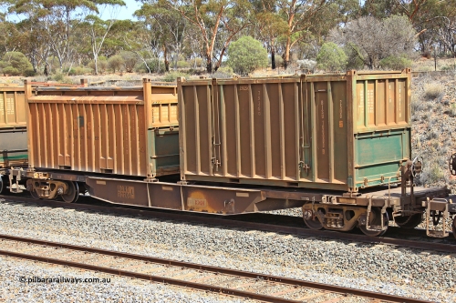 231020 8270
Binduli, 5029 Malcolm Freighter, AQNY type container waggon AQNY 32200 one of sixty two waggons built by Goninan WA in 1998 as WQN type for Murrin Murrin container traffic with an undecorated Bis Industries hard-top 25U0 type sulphur containers BISU 100003 and a Bis Industries 55UA roll-top sulphur container SIBU 200612.
Keywords: AQNY-type;AQNY32200;Goninan-WA;WQN-type;