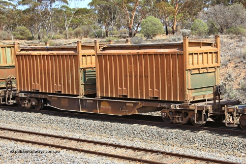 231020 8279
Binduli, 5029 Malcolm Freighter, AQNY type container waggon AQNY 32161 one of sixty two waggons built by Goninan WA in 1998 as WQN type for Murrin Murrin container traffic with two Bis Industries 55UA type roll-top sulphur containers SIBU 200615 and SIBU 200609.
Keywords: AQNY-type;AQNY32161;Goninan-WA;WQN-type;