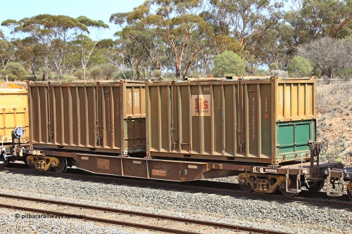 231020 8284
Binduli, 5029 Malcolm Freighter, AQNY type container waggon AQNY 32210 one of sixty two waggons built by Goninan WA in 1998 as WQN type for Murrin Murrin container traffic with two Bis Industries hard-top 25U0 type sulphur containers BISU 100093 and undecorated BISU 100070.
Keywords: AQNY-type;AQNY32210;Goninan-WA;WQN-type;
