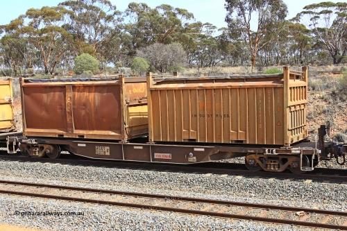 231020 8297
Binduli, 5029 Malcolm Freighter, AQNY type container waggon AQNY 32178 one of sixty two waggons built by Goninan WA in 1998 as WQN type for Murrin Murrin container traffic with a Bis Industries roll-top 55UA type container SIBU 200631 and an original style sulphur container S129X G946 with the siding tarpaulin.
Keywords: AQNY-type;AQNY32178;Goninan-WA;WQN-type;