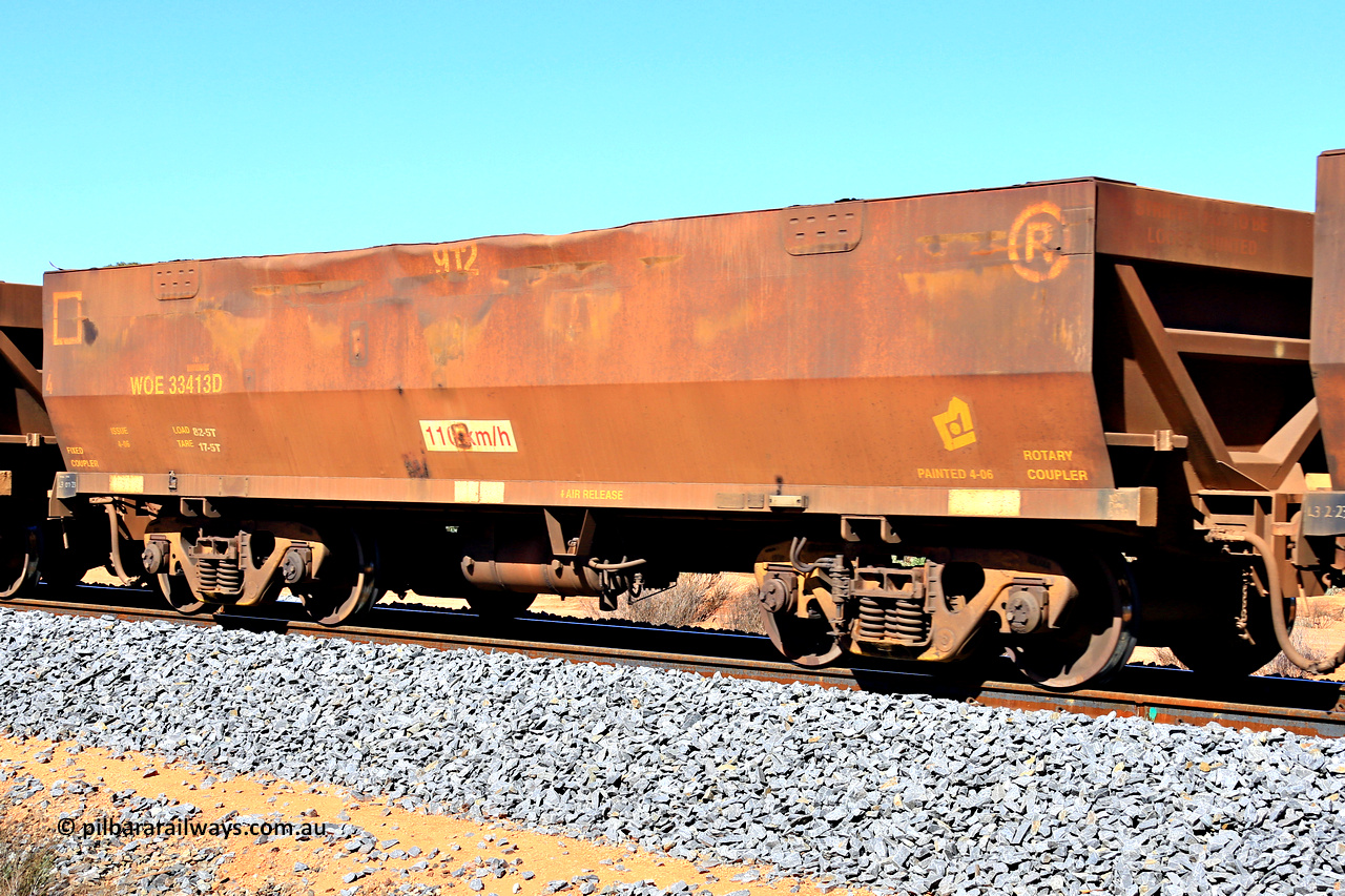 240328 2810
WOE type iron ore waggon WOE 33413 is one of a batch of one hundred and forty one built by United Group Rail WA between November 2005 and April 2006 with serial number 950142-118 and fleet number 8912 but the 8 is not visible, in Mineral Resources traffic 5040 empty Mount Walton iron ore train. 28th March 2024.
Keywords: WOE-type;WOE33413;United-Group-Rail-WA;950142-118;