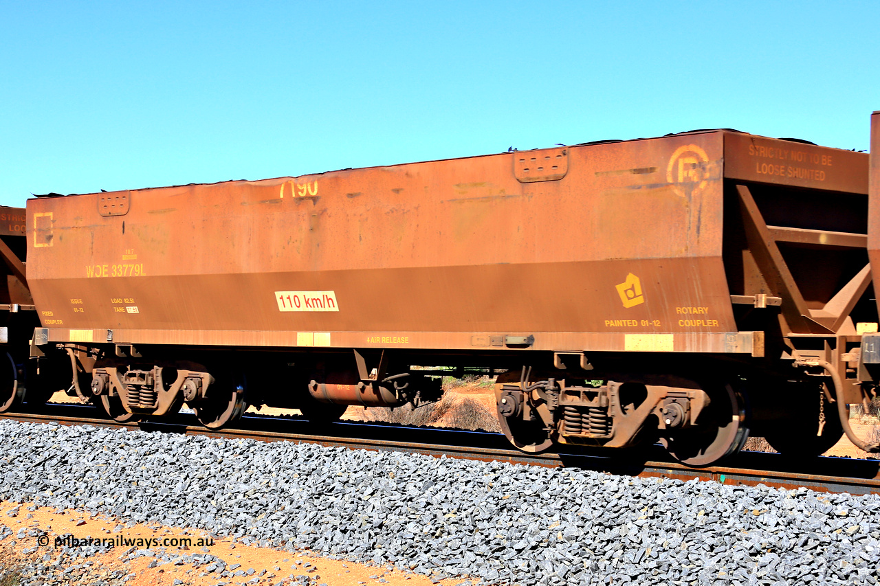 240328 2814
WOE type iron ore waggon WOE 33779 is from a batch of two hundred and twenty seven built by UGL Rail WA between from 08-2011 and 02-2012 of the current style of 82.5 tonne load capacity WOE class waggons with fleet number 7190, in Mineral Resources traffic 5040 empty Mount Walton iron ore train. March 28, 2024.
Keywords: WOE-type;WOE33779;UGL-Rail-WA;R0067-191;
