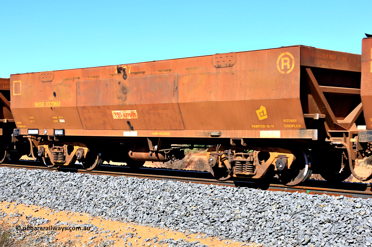 240328 2815
WOE type iron ore waggon WOE 33706 is from a batch of two hundred and twenty seven built by UGL Rail WA between from 08-2011 and 02-2012 of the current style of 82.5 tonne load capacity WOE class waggons with fleet number 7117, in Mineral Resources traffic 5040 empty Mount Walton iron ore train. March 28, 2024.
Keywords: WOE-type;WOE33706;UGL-Rail-WA;R0067-118;