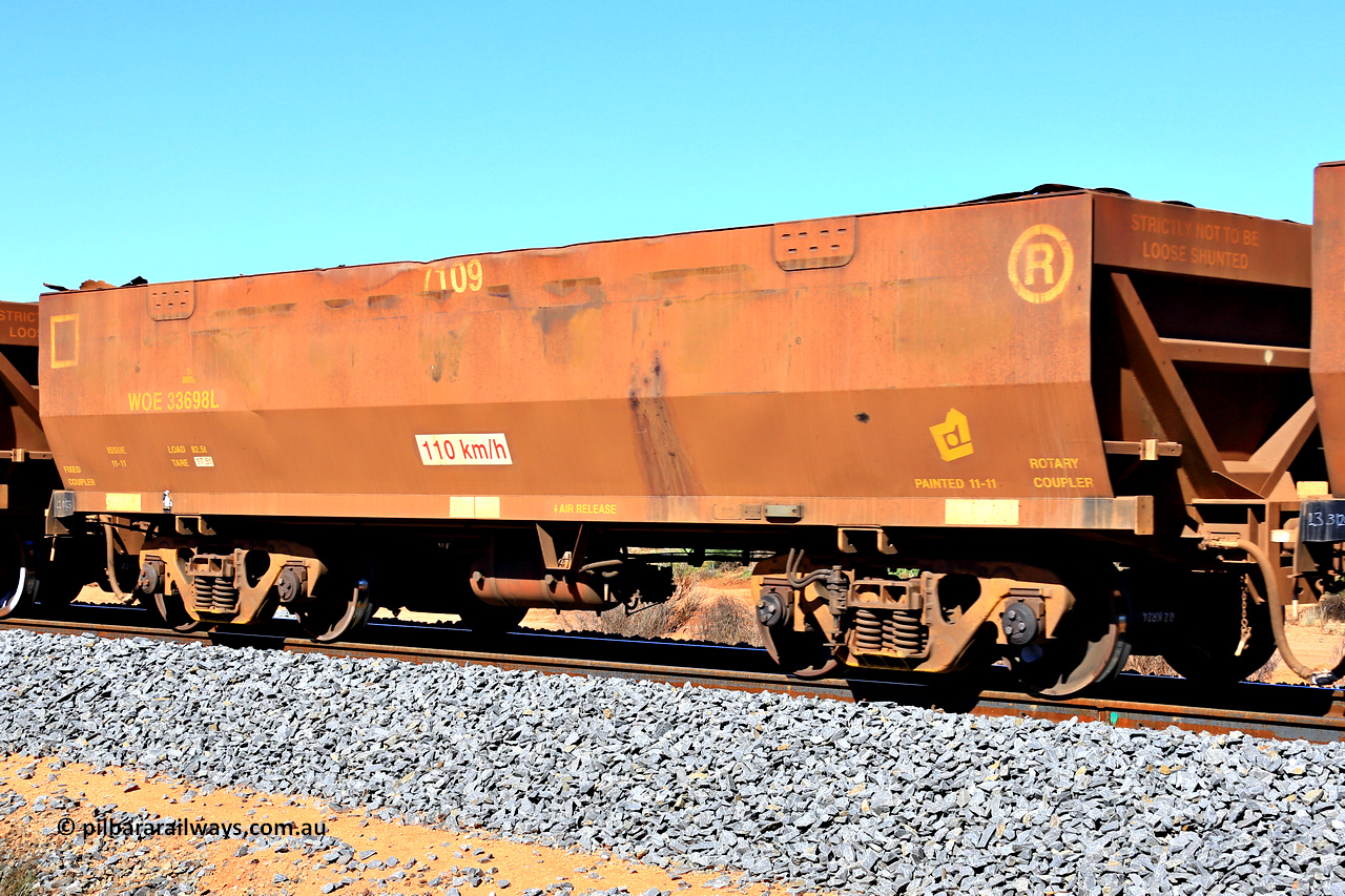 240328 2816
WOE type iron ore waggon WOE 33698 is from a batch of two hundred and twenty seven built by UGL Rail WA between from 08-2011 and 02-2012 of the current style of 82.5 tonne load capacity WOE class waggons with fleet number 7109, in Mineral Resources traffic 5040 empty Mount Walton iron ore train. March 28, 2024.
Keywords: WOE-type;WOE33698;UGL-Rail-WA;R0067-110;