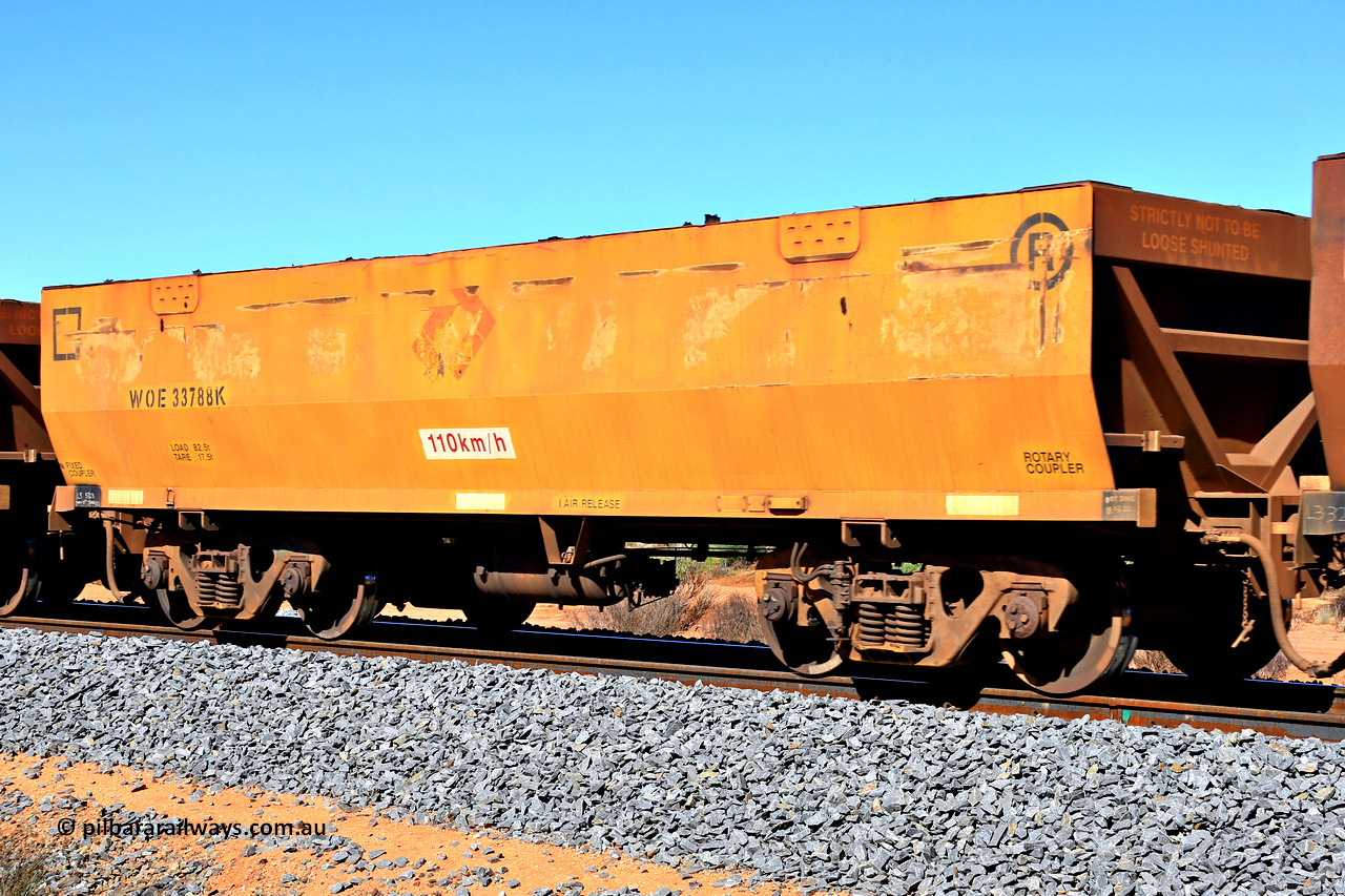 240328 2818
WOE type iron ore waggon WOE 33788 is number two hundred from a batch of two hundred and twenty seven built by UGL Rail WA between from 08-2011 and 02-2012 of the current style of 82.5 tonne load capacity WOE class waggons and was fleet number 7199 before the sides were painted yellow and Aurizon logos, in Mineral Resources traffic 5040 empty Mount Walton iron ore train. March 28, 2024.
Keywords: WOE-type;WOE33788;UGL-Rail-WA;R0067-200;