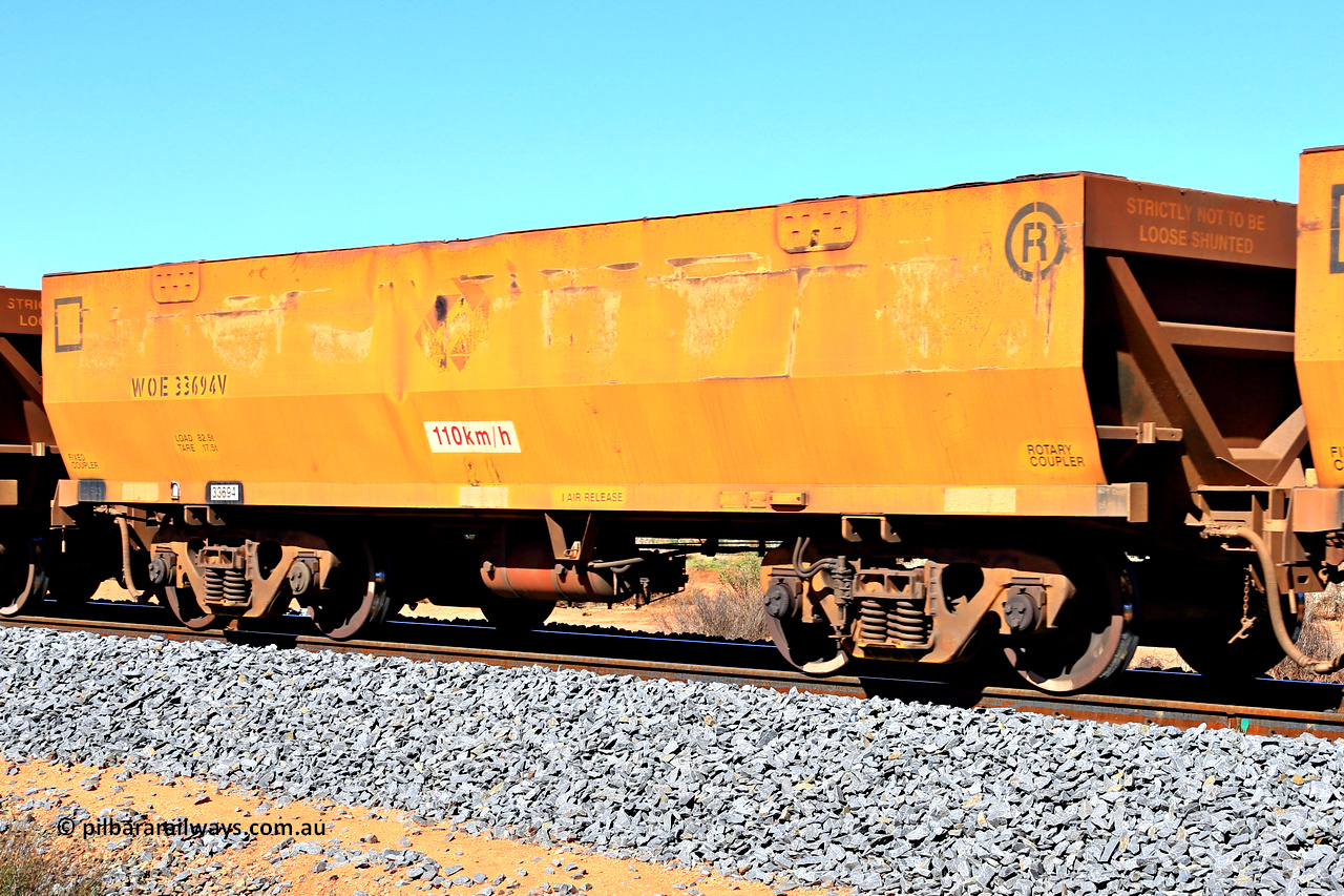 240328 2820
WOE type iron ore waggon WOE 33694 is from a batch of two hundred and twenty seven built by UGL Rail WA between from 08-2011 and 02-2012 of the current style of 82.5 tonne load capacity WOE class waggons and was fleet number 7105 before the sides were painted yellow and Aurizon logos, in Mineral Resources traffic 5040 empty Mount Walton iron ore train. March 28, 2024.
Keywords: WOE-type;WOE33694;UGL-Rail-WA;R0067-106;