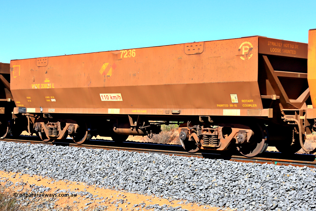 240328 2821
WOE type iron ore waggon WOE 33825 is from a batch of thirty built by UGL [United Goninan Limited] in China during November and December 2015 with serial number R0189-010 in original brown paint with Aurizon logo and fleet number 7236, in Mineral Resources traffic 5040 empty Mount Walton iron ore train. March 28, 2024.
Keywords: WOE-type;WOE33825;UGL-China;R0189-010;