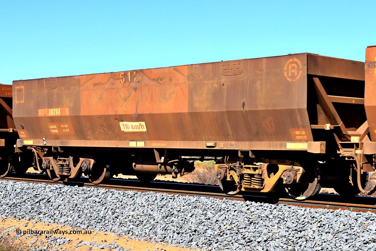 240328 2822
WOE type iron ore waggon WOE 30268 is one of a batch of one hundred and thirty built by Goninan WA between March and August 2001 with serial number 950092-018 and fleet number 612, in Mineral Resources traffic 5040 empty Mount Walton iron ore train. March 28, 2024.
Keywords: WOE-type;WOE30268;Goninan-WA;950092-018;