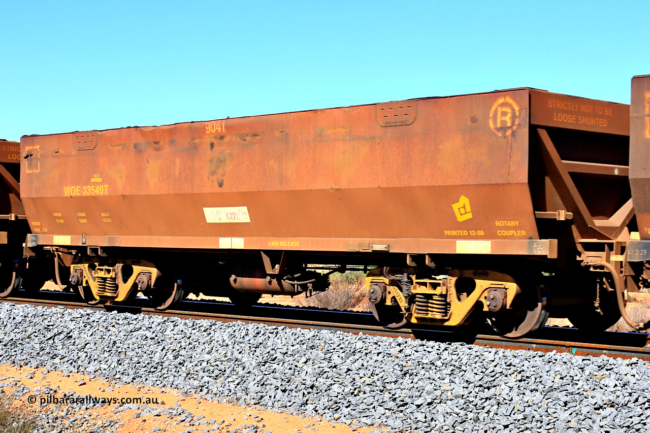 240328 2823
WOE type iron ore waggon WOE 33549 is one of a batch of one hundred and twenty eight built by United Group Rail WA between August 2008 and March 2009 with serial number 950211-089 and fleet number 9041. WOE 33549 was the first to have the United Group Rail plate. In Mineral Resources traffic 5040 empty Mount Walton iron ore train. March 28, 2024.
Keywords: WOE-type;WOE33549;United-Group-Rail-WA;950211-089;